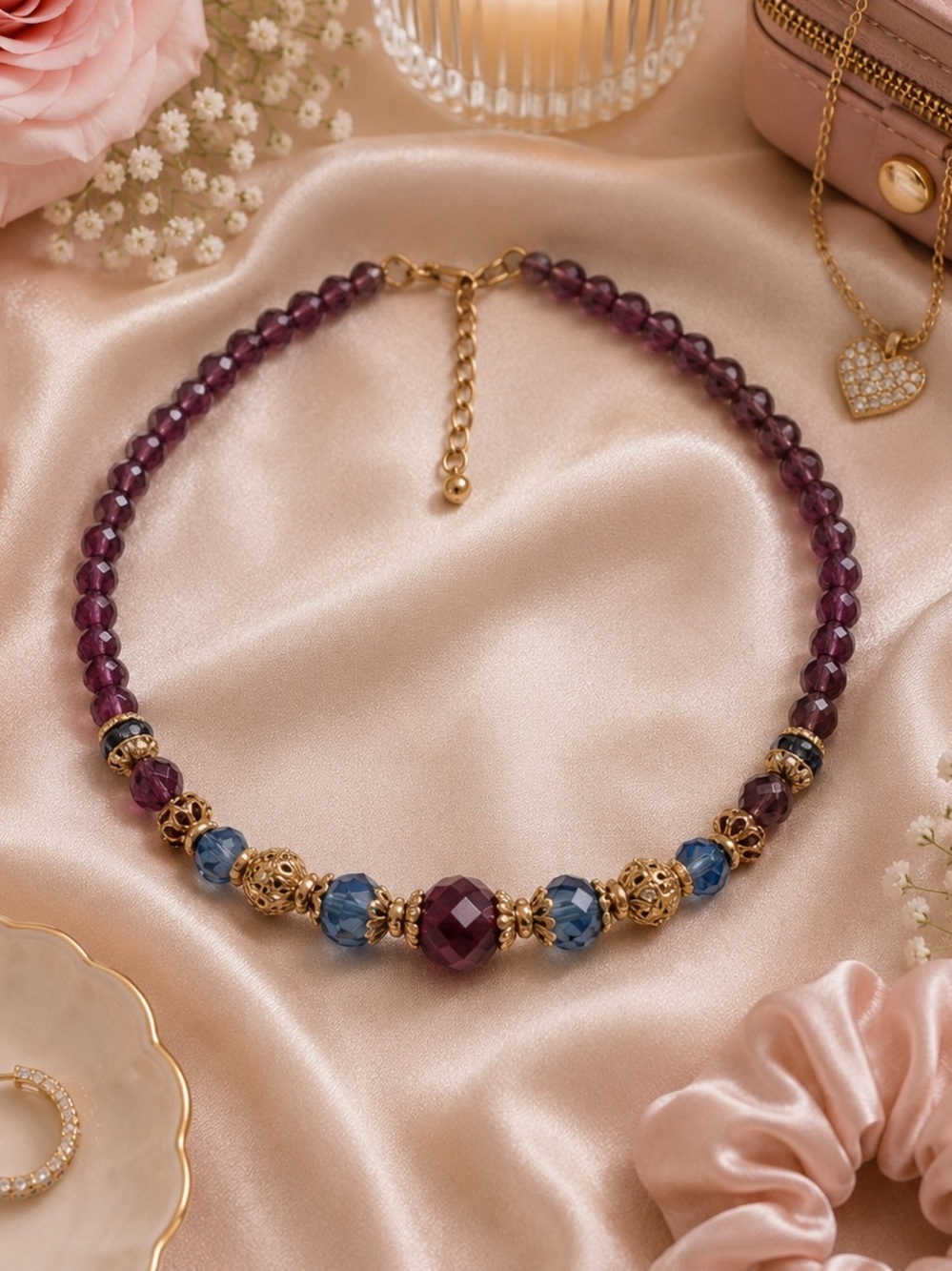 Vintage Style Glass Beaded Necklace Purple Blue and Gold